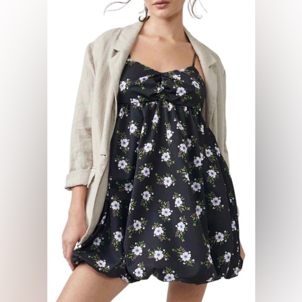 Free People Black Floral Mini Dress with Lavender and Green Accents
